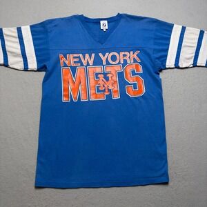 Logo 7 Shirt Womens M Blue New York Mets Vintage 80s Jersey Style Striped Sleeve